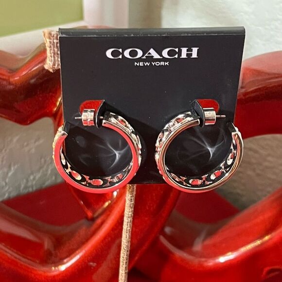 NWT Coach Women's Silver Signature Hoop 1.25” Earrings #TSER - Picture 1 of 5